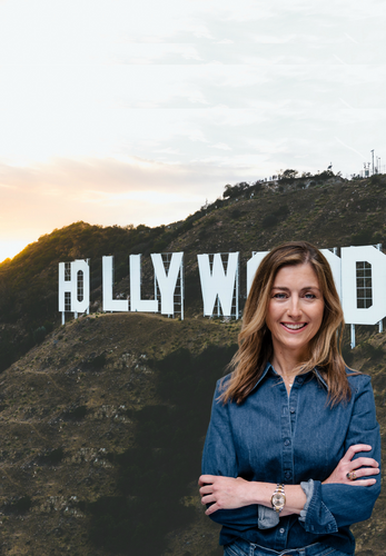 Photo of Founder of Finlay+Green, Helen Marray-Finlay, standing in front of the Hollywood sign